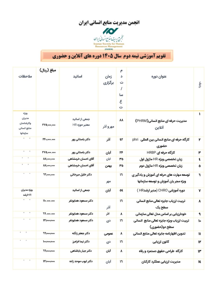 تقویم آموزشی نیمه دوم سال 1405 دوره های آنلاین و حضوری_page-0001
